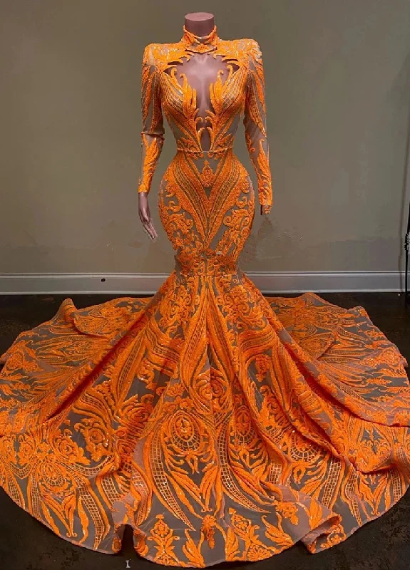 Fabulous Orange Halter Appliques Lace Long Sleeve Mermaid Prom Dresses,F04787 Lace Dress Trendy