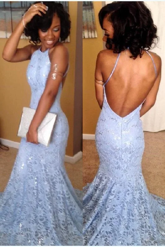 Glamorous Sky Blue Lace Backless Prom Dress Mermaid Long Sleeveless,DS4641 Lace Dress Look