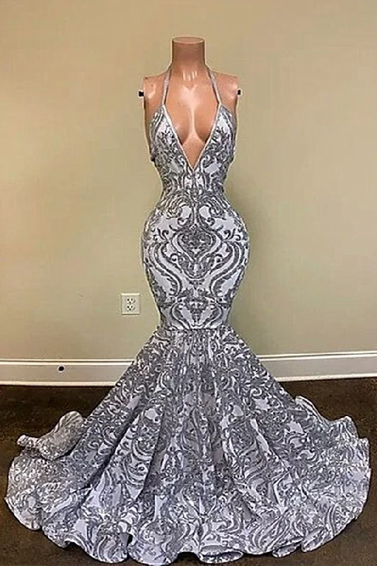 Gorgeous Silver Spaghetti Straps V-neck Appliques Lace Mermaid Prom Dresses,F04834 Lace Detail Gown