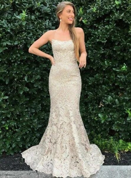 LONG CHAMPAGNE MERMAID LACE SPAGHETTI STRAPS PROM DRESS,DS2982 Lace Dress Design