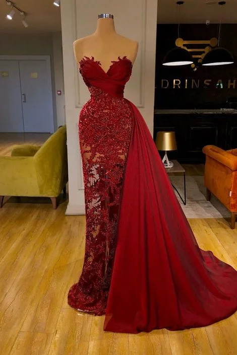 luxury Burgundy Detachable Train Mermaid Prom Dress with Lace,F04810 Lace Dress Vibe