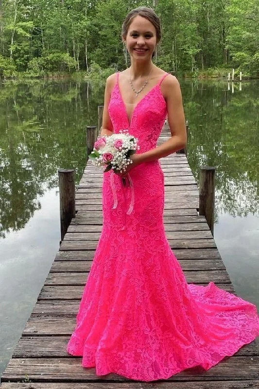 Mermaid Hot Pink Lace Long Prom Dresses,Lace Evening Gown,DS3447 Lace Dress Modern