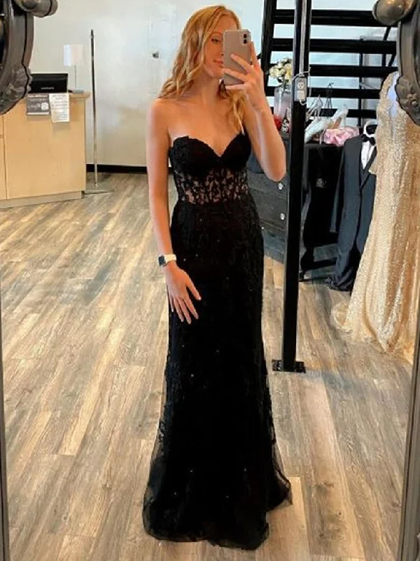 Mermaid Open Backe Black Lace Long Prom Dresses, Strapless Black Formal Dresses,DS4506 Lace Party Gown