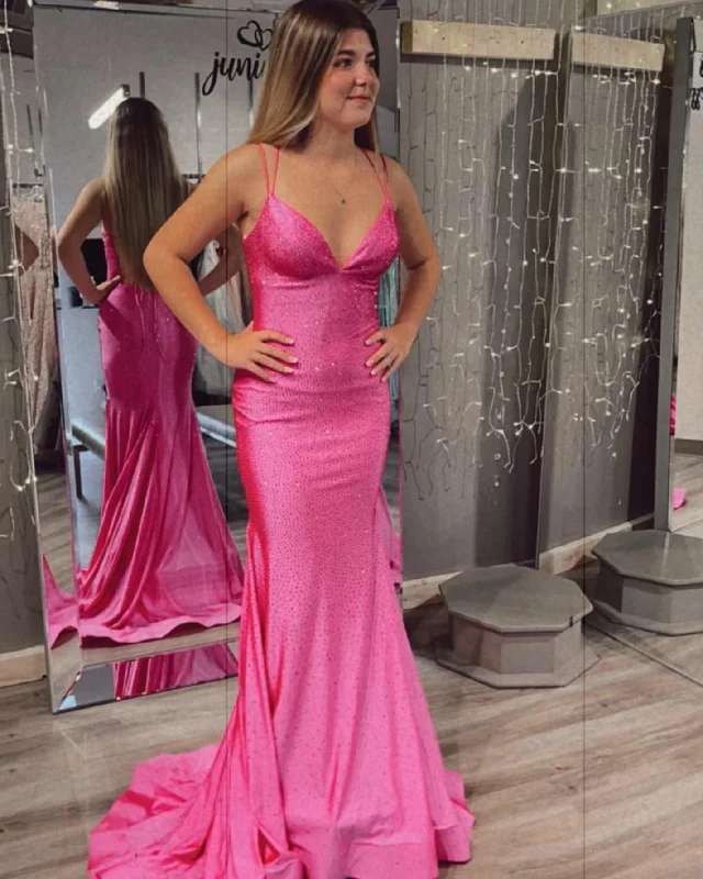 Neon Pink Mermaid Long Formal Dress with Lace Up Back,DS3096 Lace Bodycon Dress