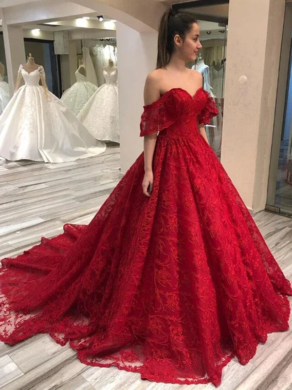 Off Shoulder Long A-line Red Lace Prom Dresses, Formal Dresses, Long Prom Dresses .DS3037 Vintage Lace Dress