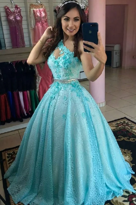 One Shoulder A-line Ball Gown Light Blue Lace Evening Ball Gown Lace Prom Dresses,DS4265 Lace Dress Classic