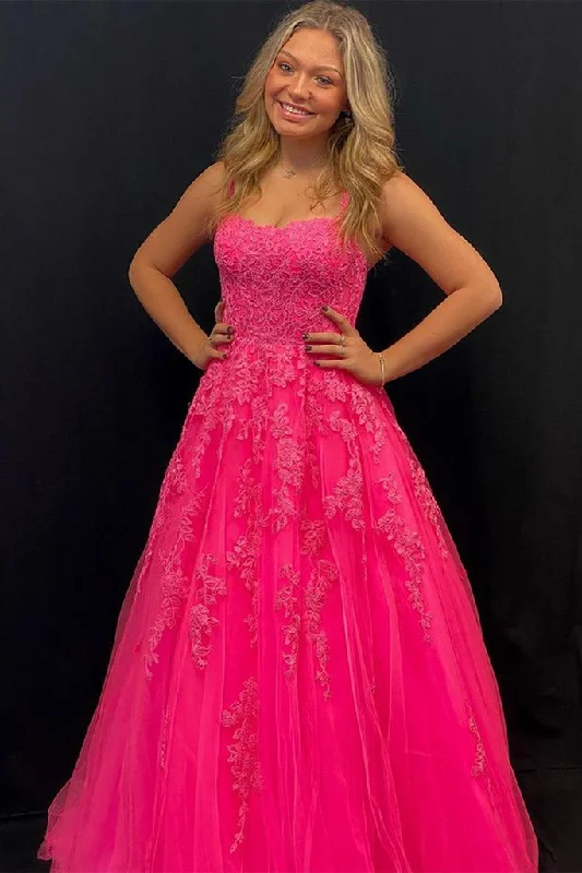 Open Back Hot Pink Lace Long Prom Dress with Appliques, Hot Pink Lace Formal Graduation Evening Dress,DS4596 Lace Gown Style