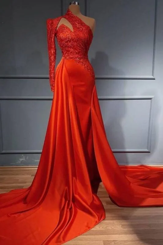 Red One Shoulder Long Sleeves Mermaid Prom Dress Split Lace Evening Gowns,DS2752 Lace Dress Chic