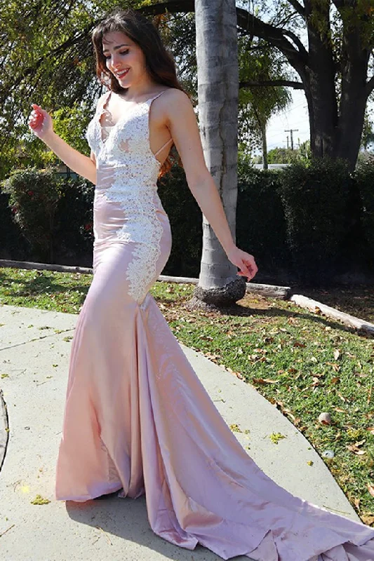 V Neck Backless Mermaid Pink Lace Long Prom Dress with Train, Mermaid Pink Formal Evening Dress ,DS4517 Soft Lace Dress